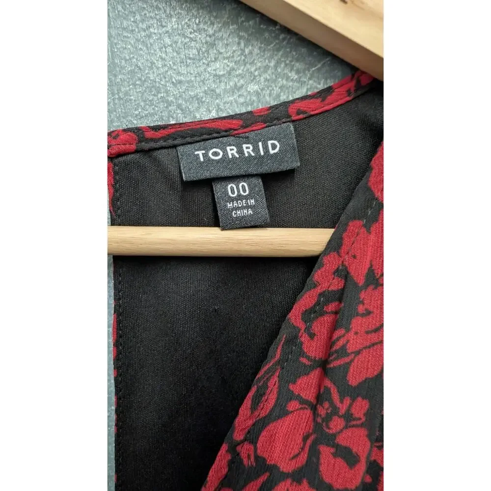 Torrid Black Red Midi Dress 00 Large V Neck sheer Balloon Sleeve Pockets - Picture 6 of 14